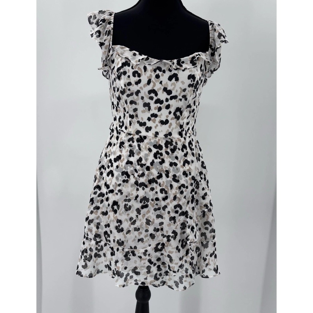 Francescas Blue Rain Leopard Chiffon Mini Dress Small Ruffle Y2K‎ Coquette